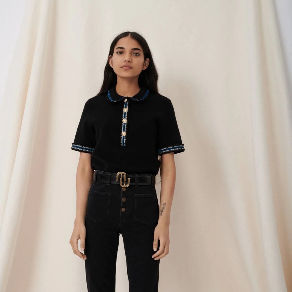Maje Mexicana Polo Metallic Trim Sweater